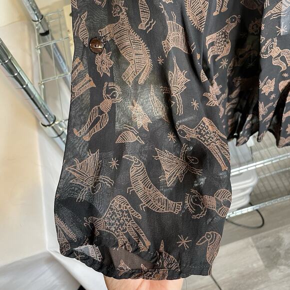 Chico's Women's Black Brown Sheer Animal Print Button Front Blouse Size 3 XL - Picture 9 of 11
